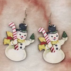 Christmas Holiday Wooden Vintage Snowman Fashion Pierced Earrings NWT 3”x2”